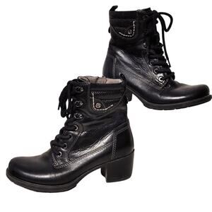 Earth Origins Black Leather Boots 6M Lace Up Side Zip Stacked Heel Pocket Stitch